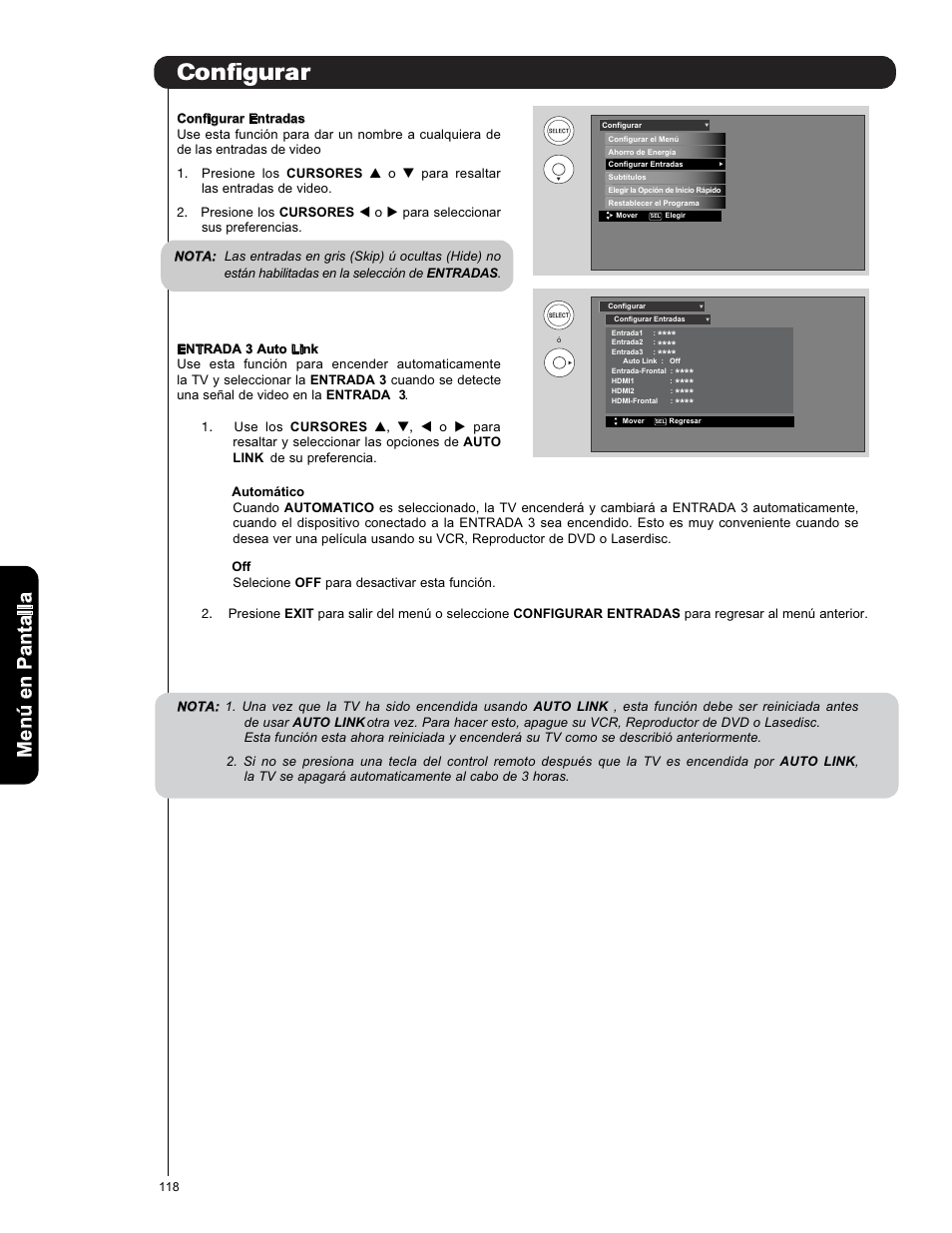 Configurar, Men ú en p an ta lla | Hitachi L47S601 User Manual | Page 118 / 142
