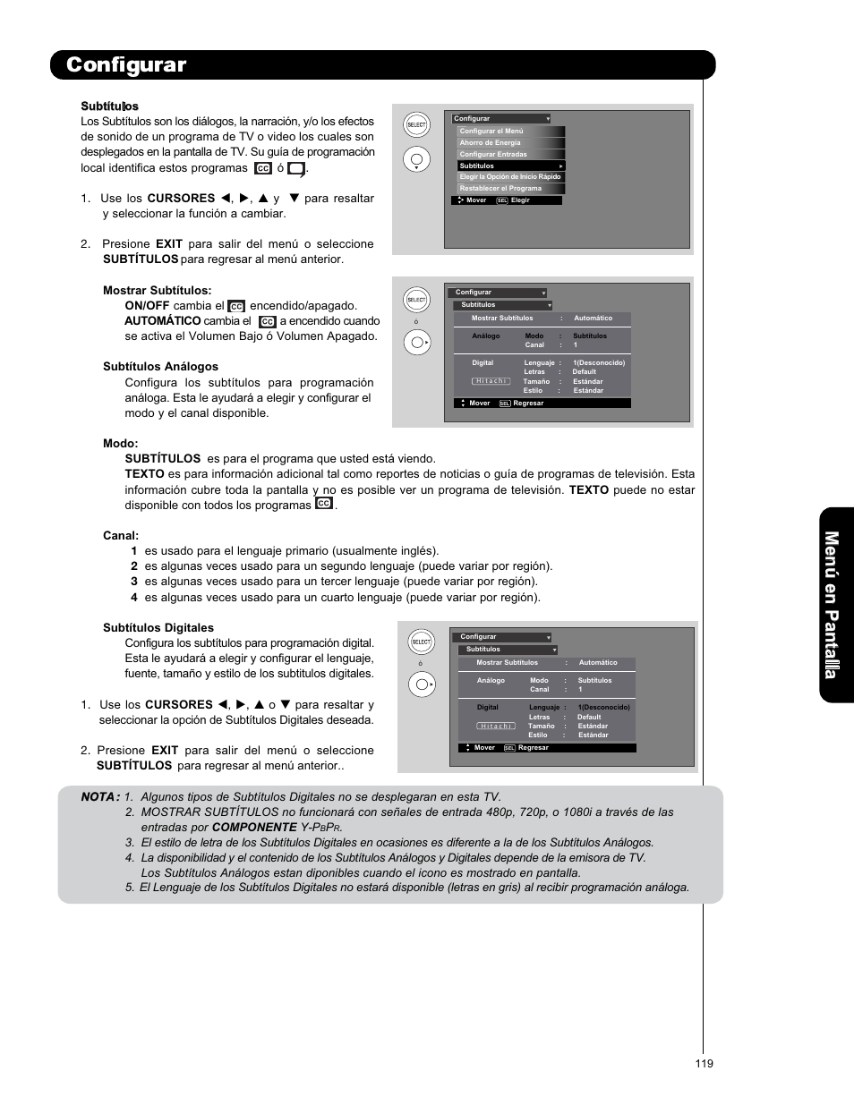 Configurar, Men ú en p an ta lla | Hitachi L47S601 User Manual | Page 119 / 142