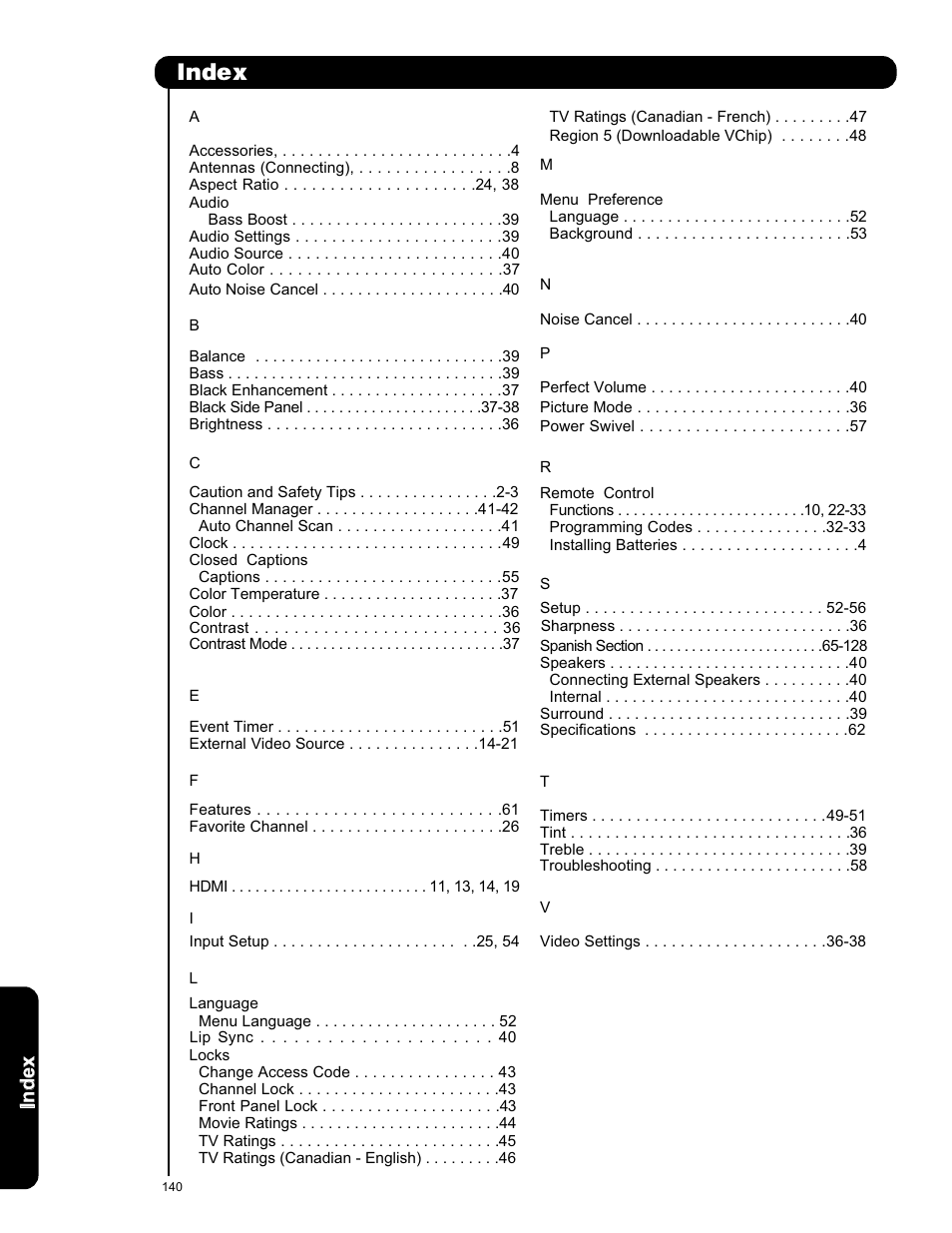 Index | Hitachi L47S601 User Manual | Page 140 / 142