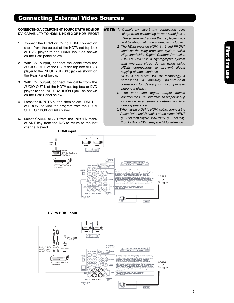 Connecting external video sources, Firs t tim e u se | Hitachi L47S601 User Manual | Page 19 / 142