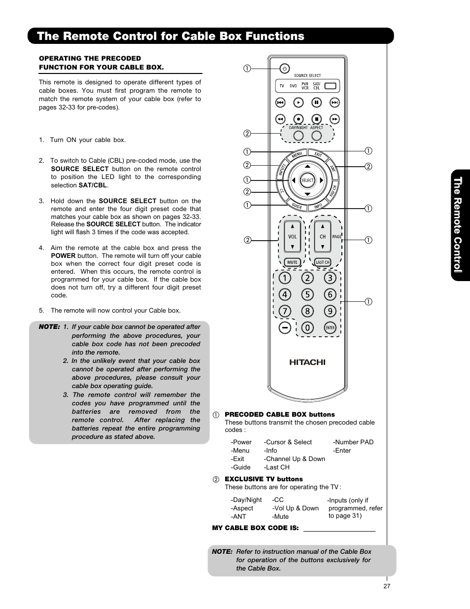 The remote control for cable box functions | Hitachi L47S601 User Manual | Page 27 / 142