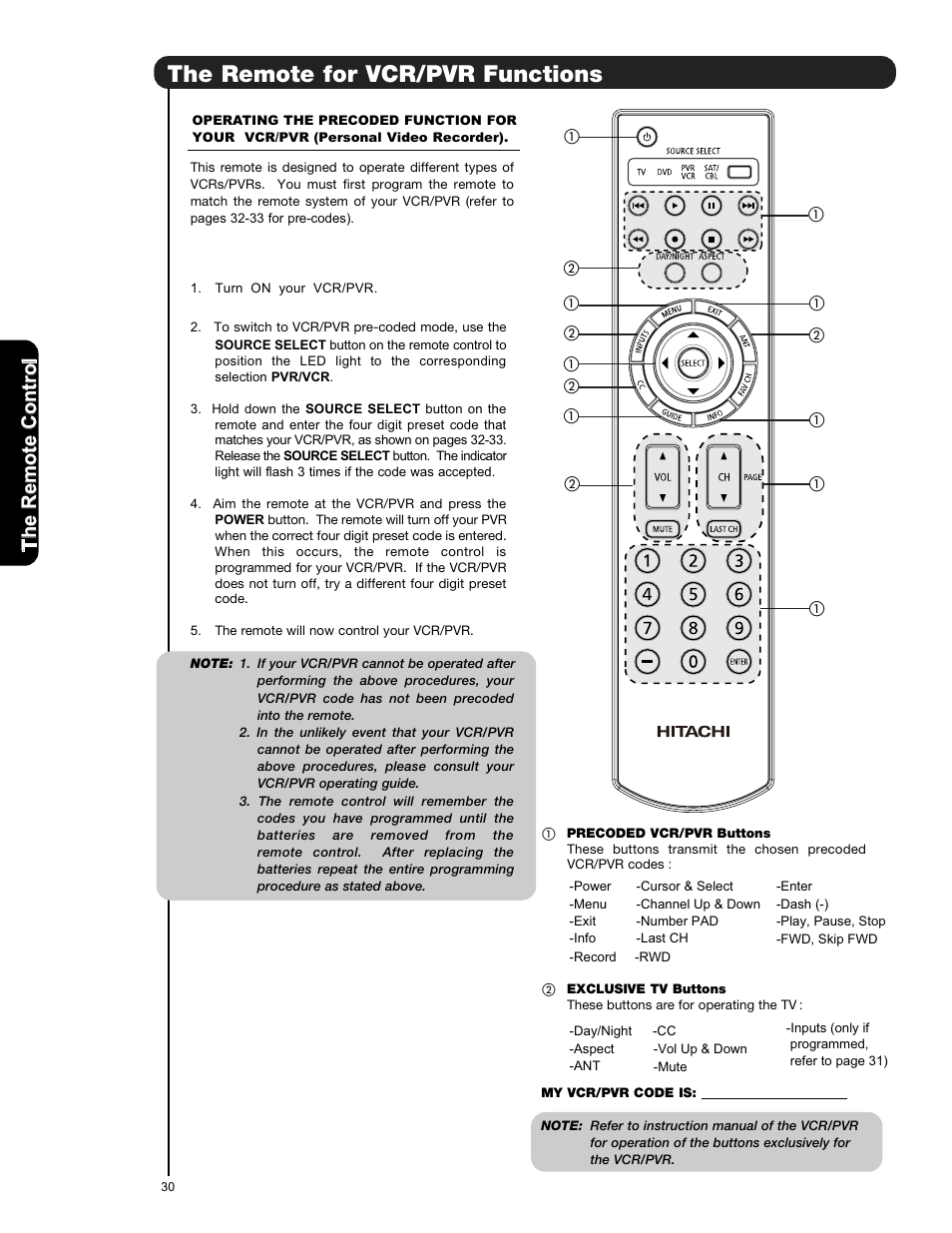 The remote for vcr/pvr functions | Hitachi L47S601 User Manual | Page 30 / 142