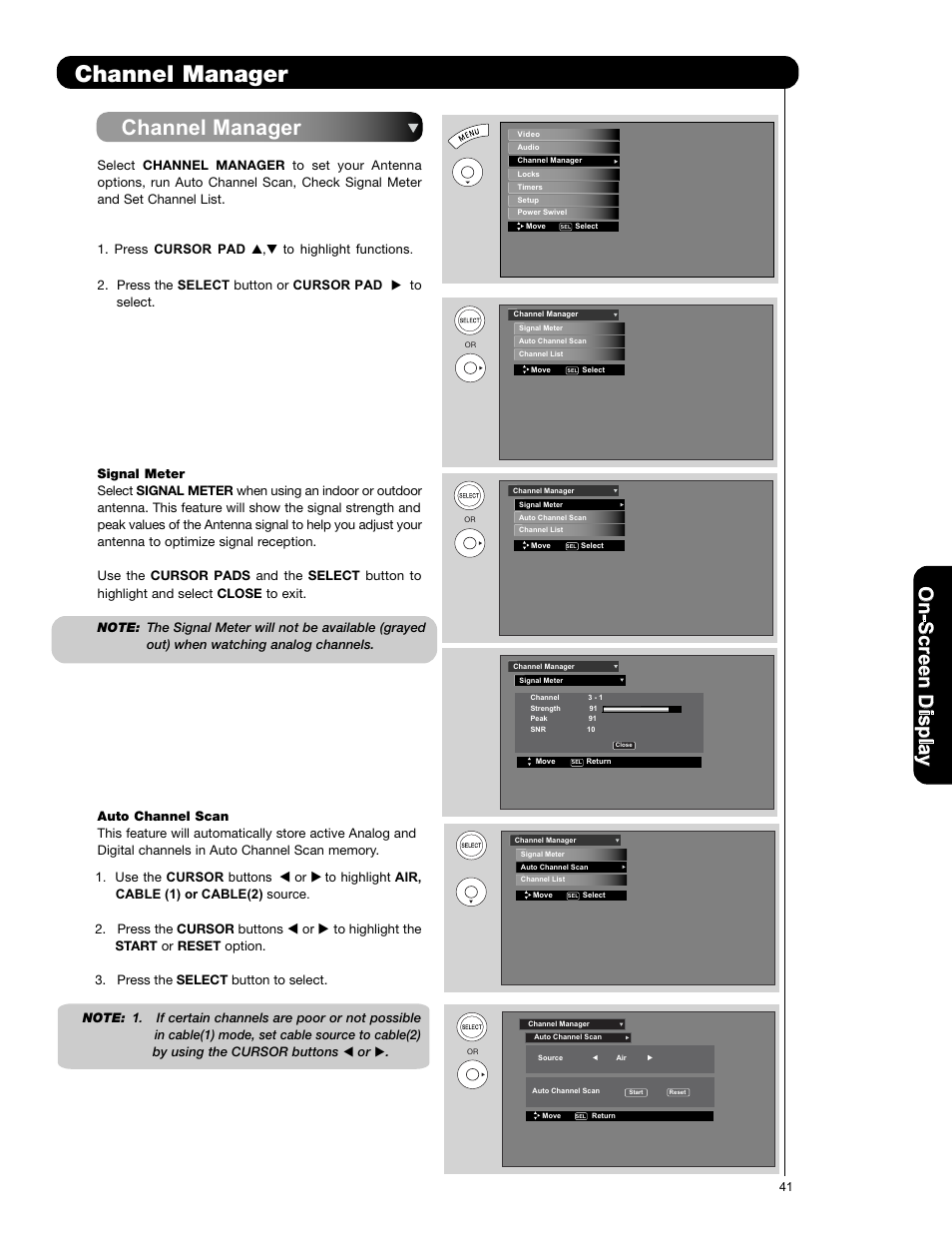 Channel manager, On -s cr ee n d is p la y | Hitachi L47S601 User Manual | Page 41 / 142