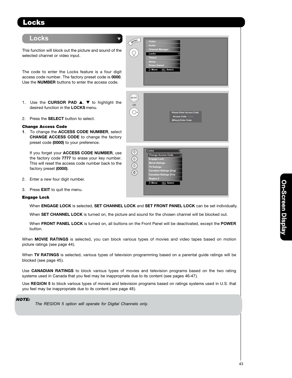 Locks, On -s cr ee n d is p la y | Hitachi L47S601 User Manual | Page 43 / 142
