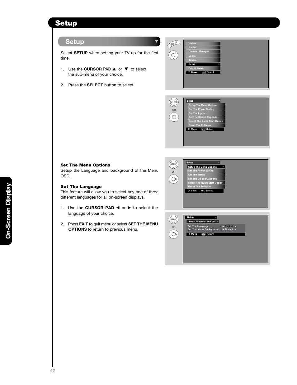 Setup, On -s cr ee n d is p la y | Hitachi L47S601 User Manual | Page 52 / 142