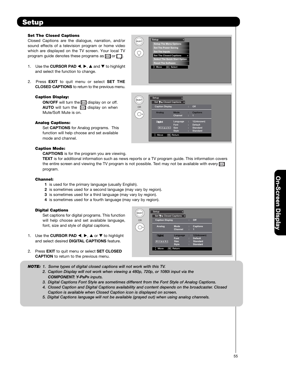 Setup, On -s cr ee n d is p la y | Hitachi L47S601 User Manual | Page 55 / 142
