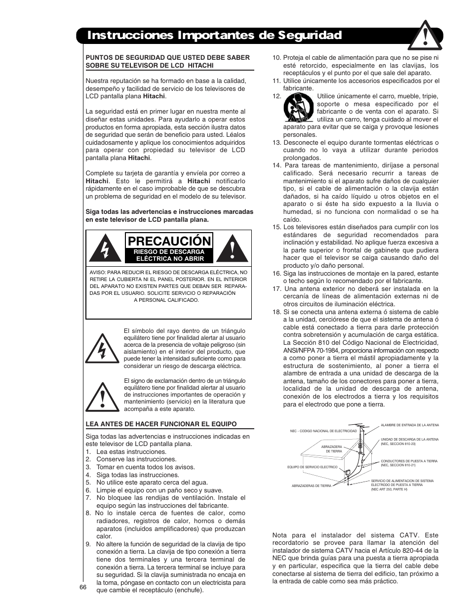 Instrucciones importantes de seguridad, Precaución | Hitachi L47S601 User Manual | Page 66 / 142