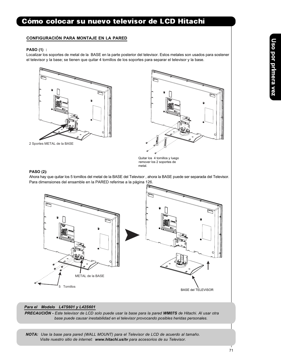 Mo colocar su nuevo televisor de lcd hitachi | Hitachi L47S601 User Manual | Page 71 / 142