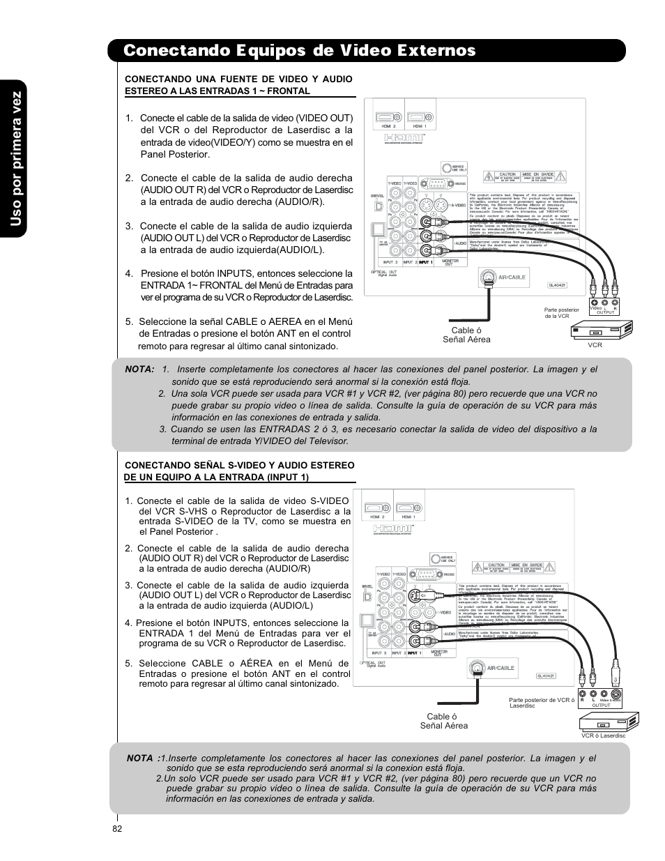 Conectando equipos de video externos, Uso por primera vez | Hitachi L47S601 User Manual | Page 82 / 142