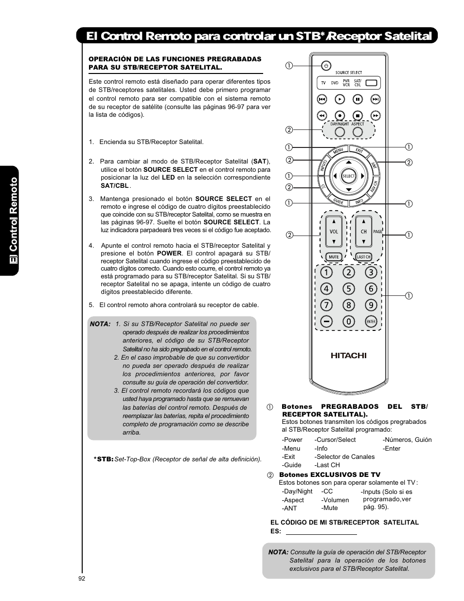 Elc o n tr o lr em o to | Hitachi L47S601 User Manual | Page 92 / 142