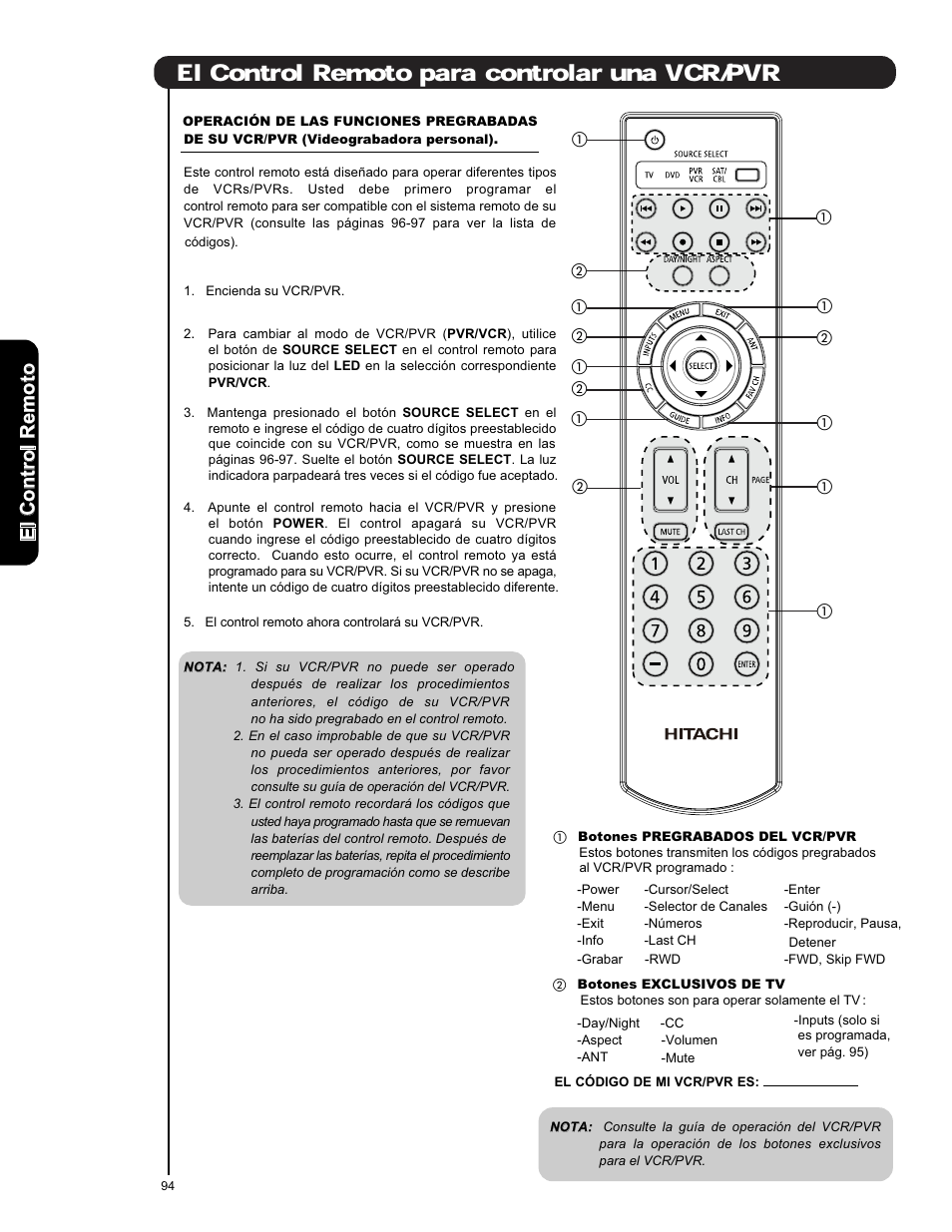 El control remoto para controlar una vcr/pvr, Elc o n tr o lr em o to | Hitachi L47S601 User Manual | Page 94 / 142