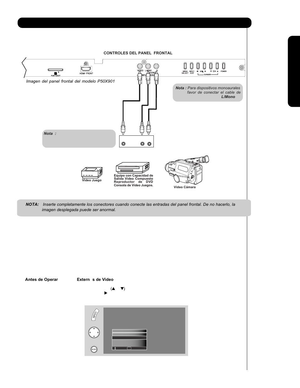 Conectando equipos de video externos | Hitachi P60X901 User Manual | Page 107 / 192