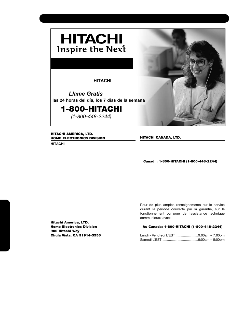 Servicio a clientes, 800-hitachi, Hitachi | Llame gratis | Hitachi P60X901 User Manual | Page 178 / 192