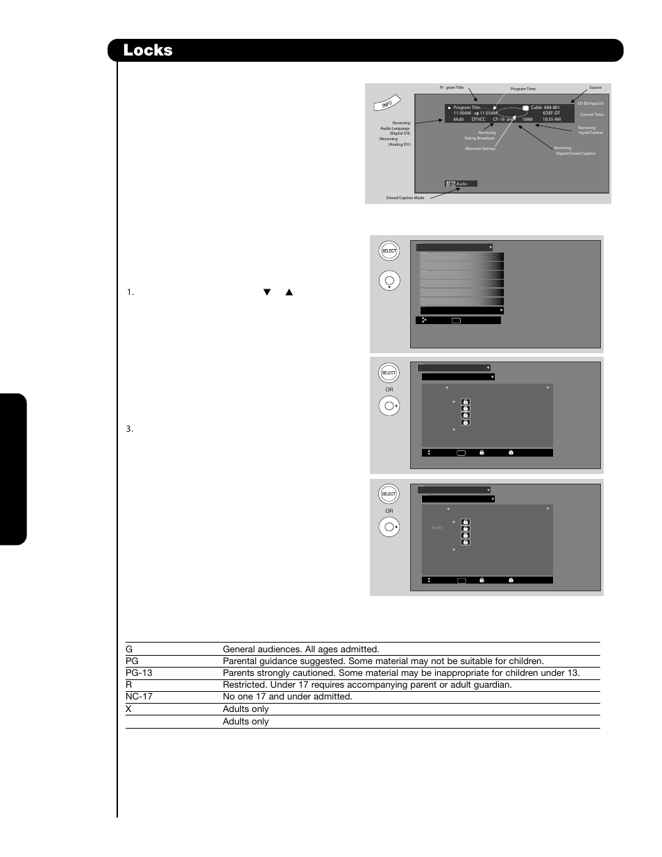 Locks, On-scr een display, Alternate ratings (example only) | Hitachi P60X901 User Manual | Page 64 / 192