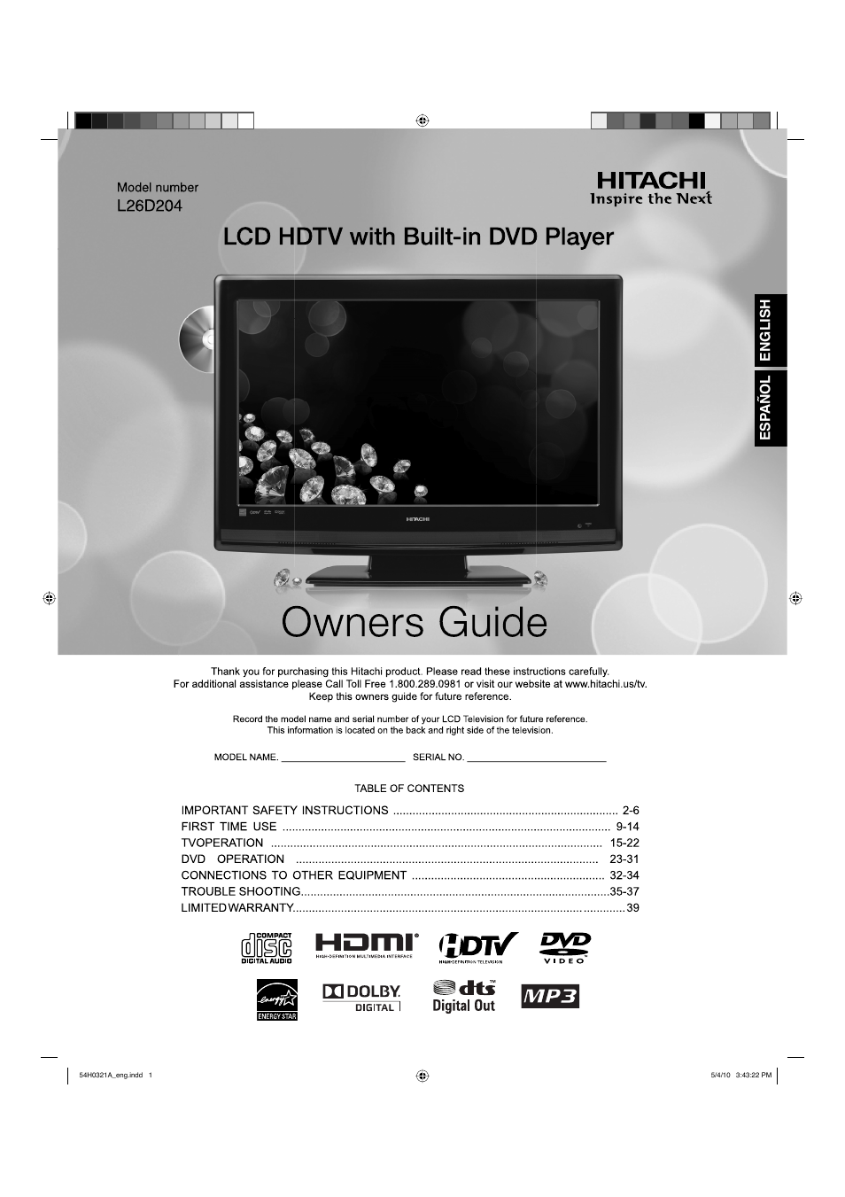 Hitachi L26D204 User Manual | 39 pages