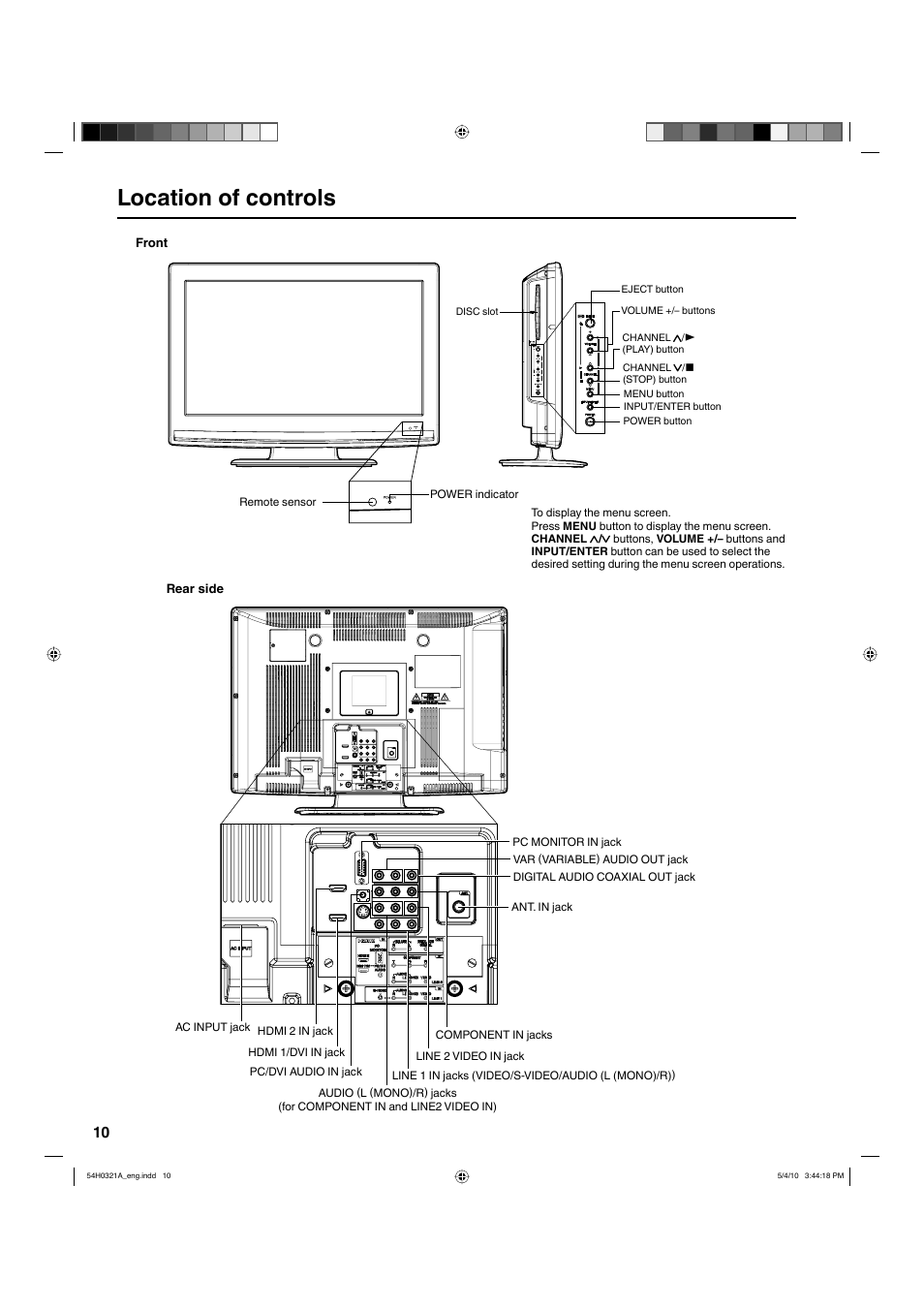 Location of controls | Hitachi L26D204 User Manual | Page 10 / 39