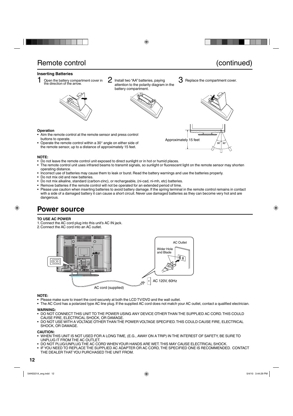 Remote control (continued), Power source | Hitachi L26D204 User Manual | Page 12 / 39