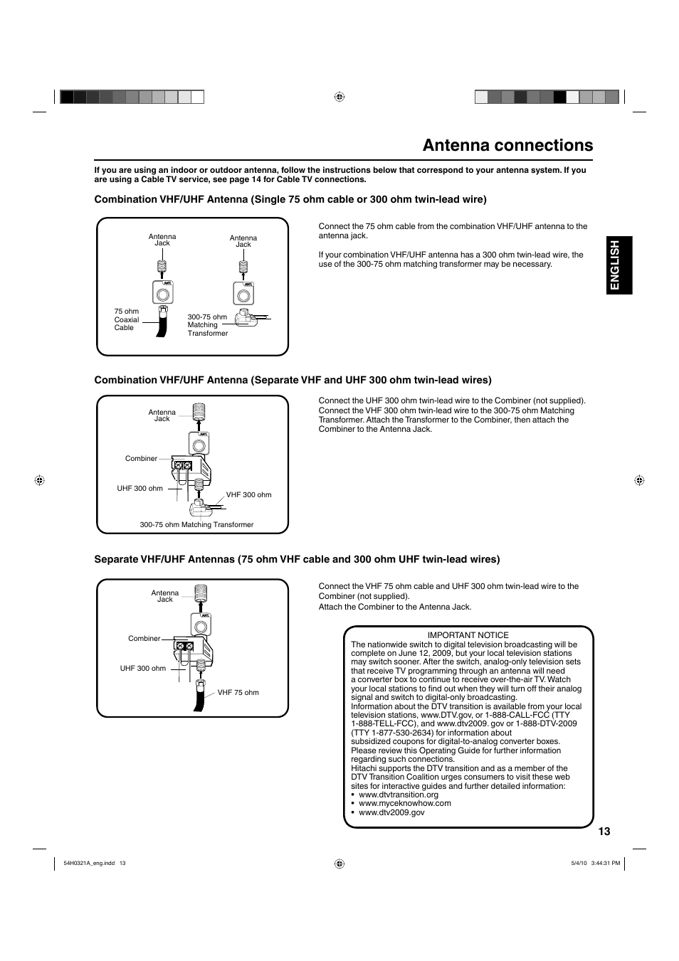Antenna connections, 13 english | Hitachi L26D204 User Manual | Page 13 / 39