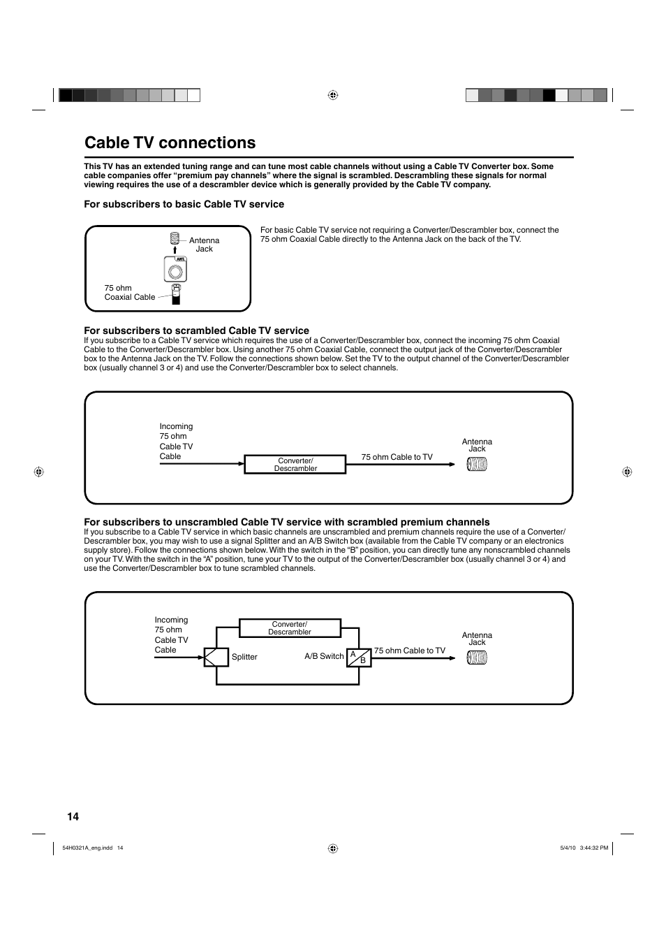 Cable tv connections | Hitachi L26D204 User Manual | Page 14 / 39
