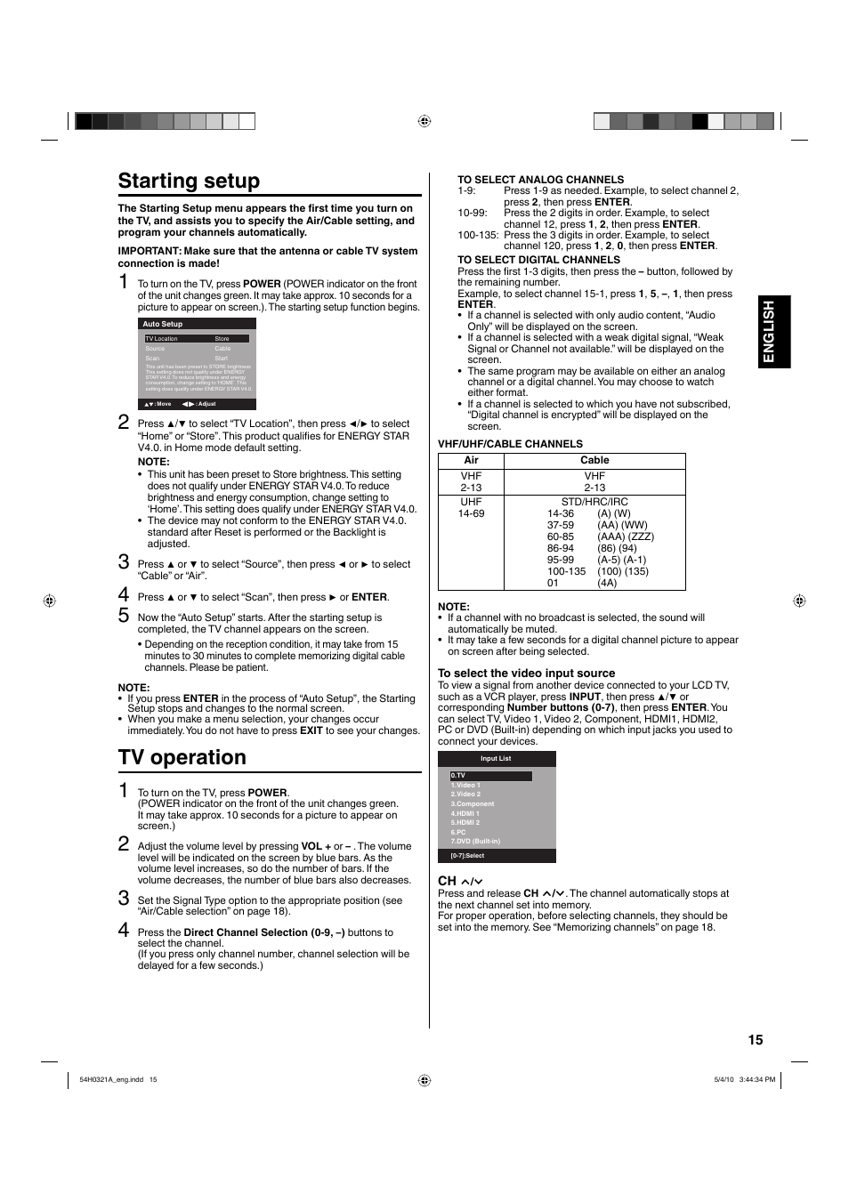 Starting setup, Tv operation 1, 15 english | Hitachi L26D204 User Manual | Page 15 / 39