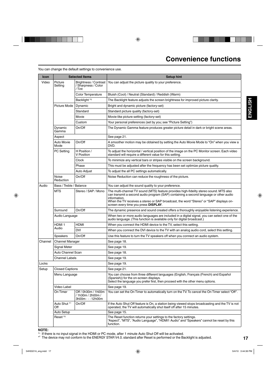 Convenience functions, 17 english | Hitachi L26D204 User Manual | Page 17 / 39
