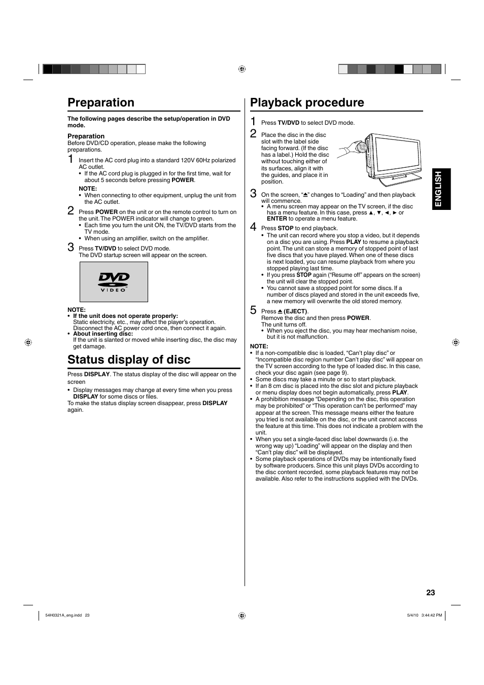 Playback procedure 1, Preparation, Status display of disc | Hitachi L26D204 User Manual | Page 23 / 39