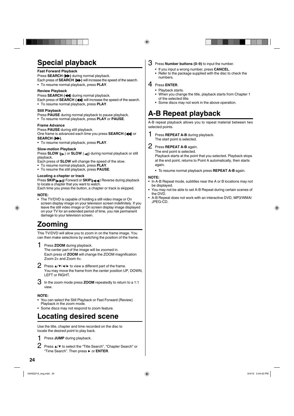 Special playback, Zooming, Locating desired scene | A-b repeat playback | Hitachi L26D204 User Manual | Page 24 / 39