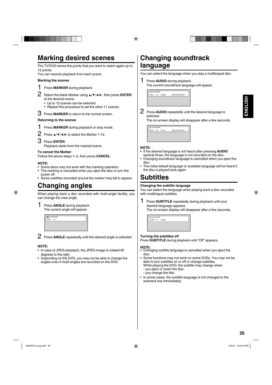 Marking desired scenes, Changing angles, Changing soundtrack language | Subtitles | Hitachi L26D204 User Manual | Page 25 / 39