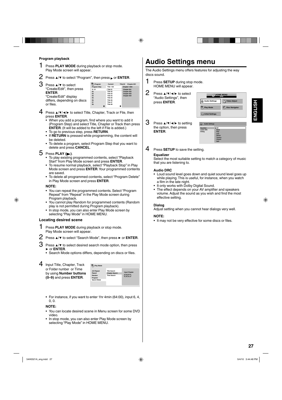 Audio settings menu, 27 english | Hitachi L26D204 User Manual | Page 27 / 39