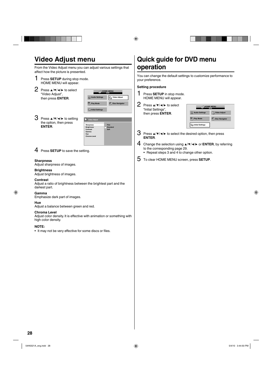 Video adjust menu, Quick guide for dvd menu operation | Hitachi L26D204 User Manual | Page 28 / 39