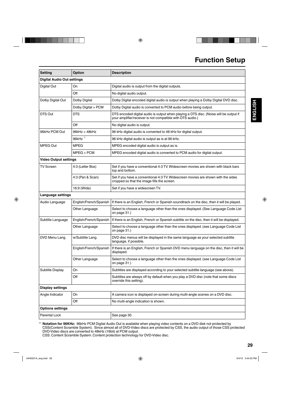 Function setup, 29 english | Hitachi L26D204 User Manual | Page 29 / 39