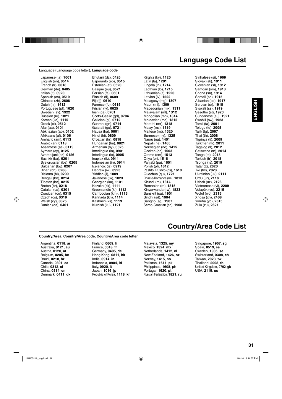 Country/area code list, Language code list, 31 english | Hitachi L26D204 User Manual | Page 31 / 39