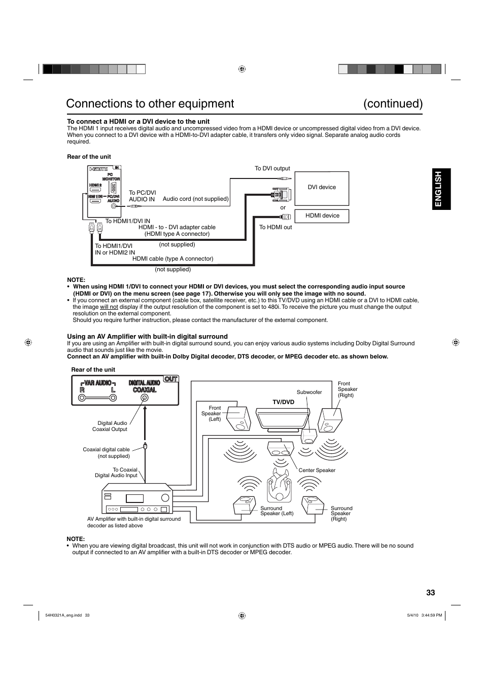 Connections to other equipment (continued), 33 english | Hitachi L26D204 User Manual | Page 33 / 39