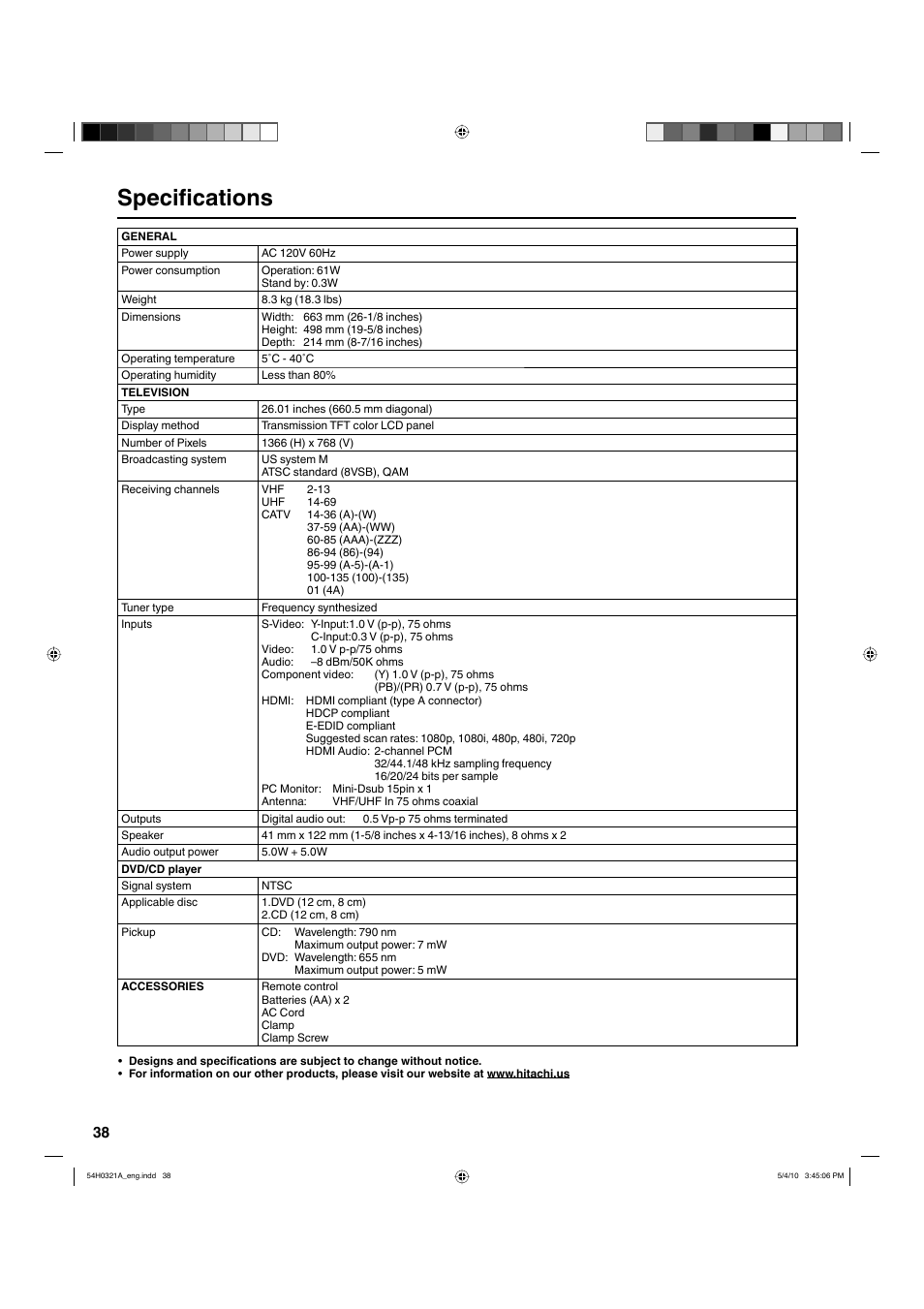 Specifications | Hitachi L26D204 User Manual | Page 38 / 39