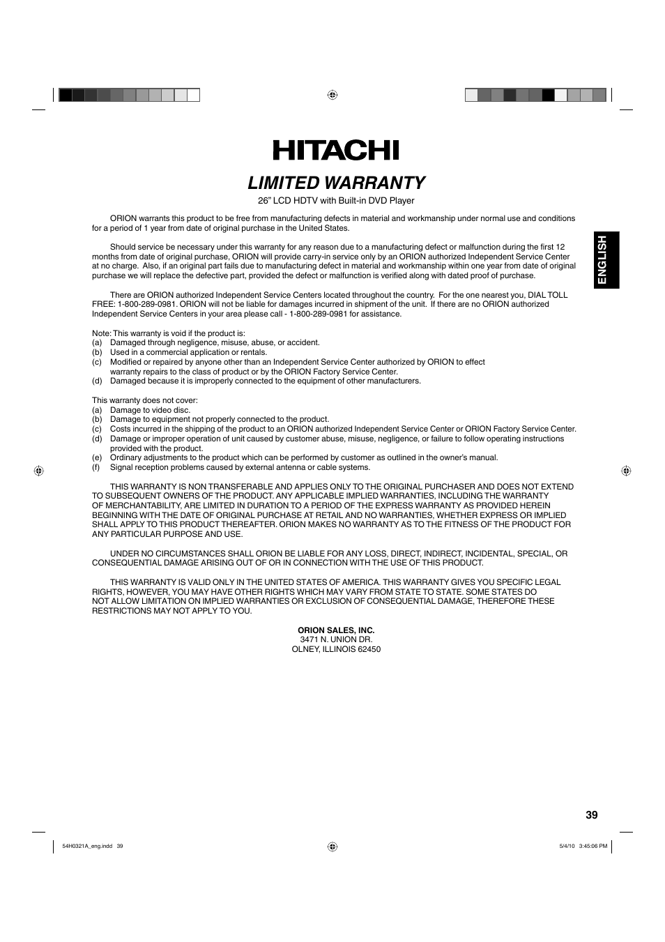 Limited warranty, 39 english | Hitachi L26D204 User Manual | Page 39 / 39