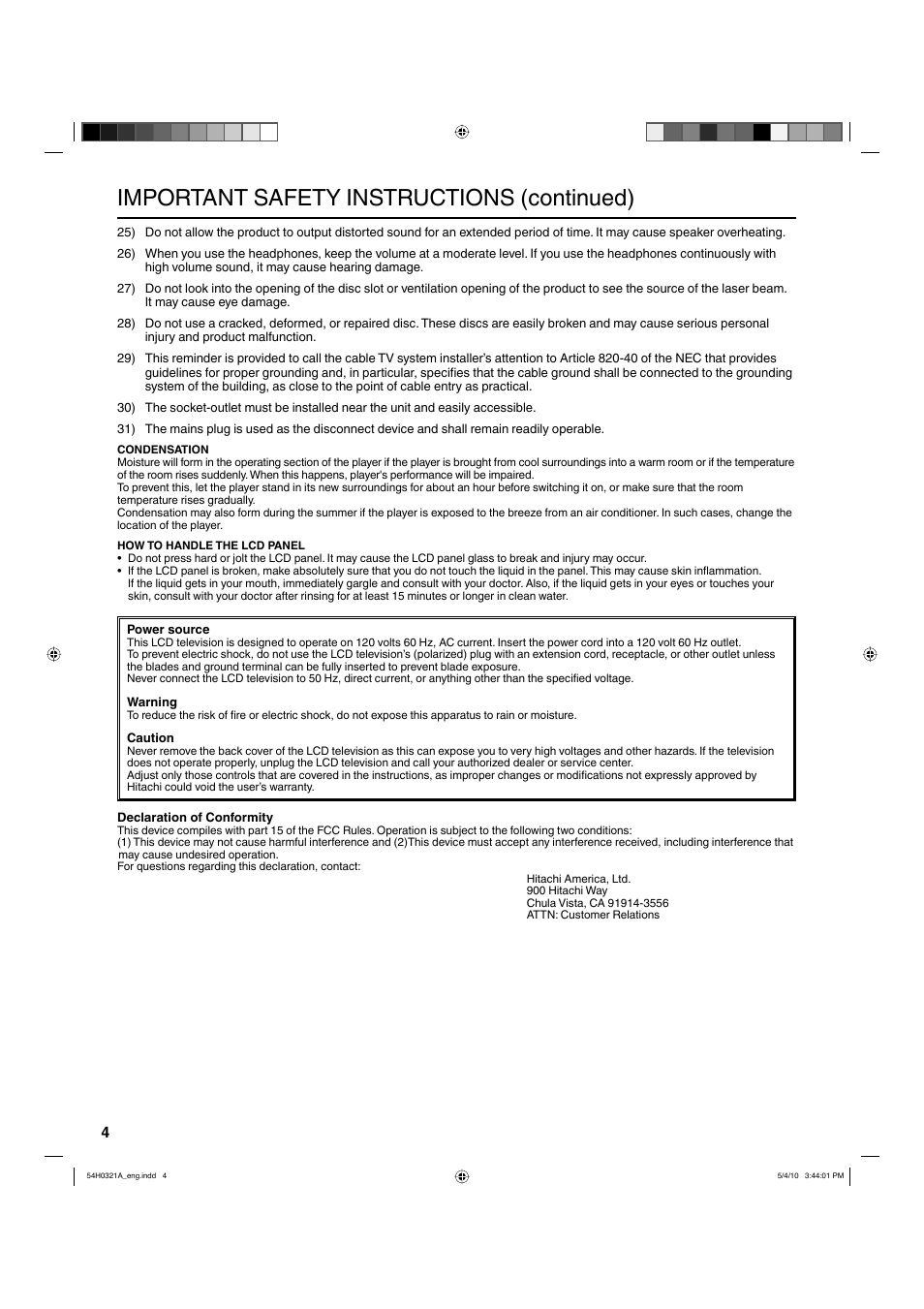 Important safety instructions (continued) | Hitachi L26D204 User Manual | Page 4 / 39