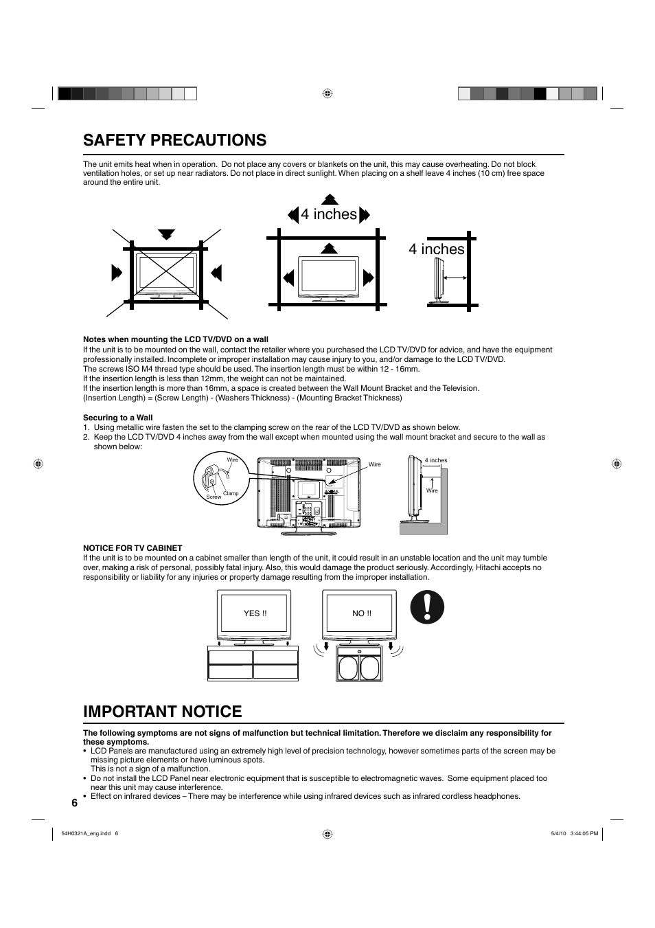 Important notice, Safety precautions, 4 inches | Hitachi L26D204 User Manual | Page 6 / 39