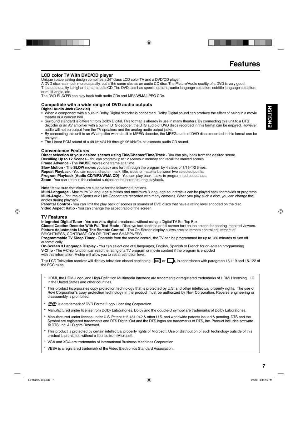 Features, 7english | Hitachi L26D204 User Manual | Page 7 / 39