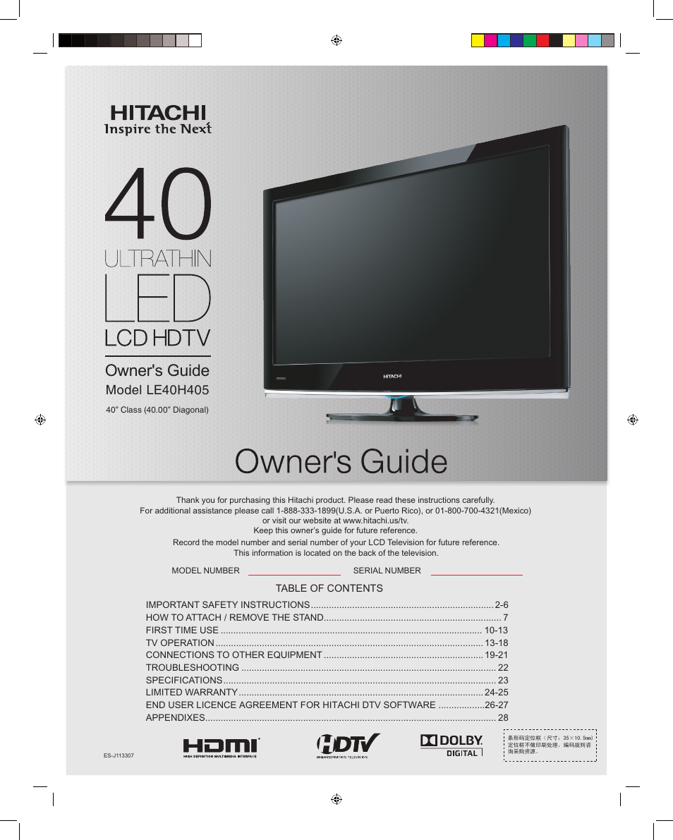 Hitachi LE40H405 User Manual | 29 pages