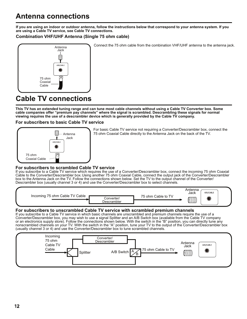 Antenna connections, Cable tv connections | Hitachi LE40H405 User Manual | Page 12 / 29