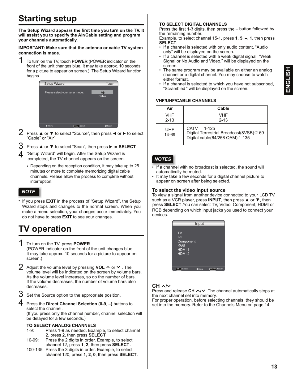 Starting setup, Tv operation 1, English | Hitachi LE40H405 User Manual | Page 13 / 29