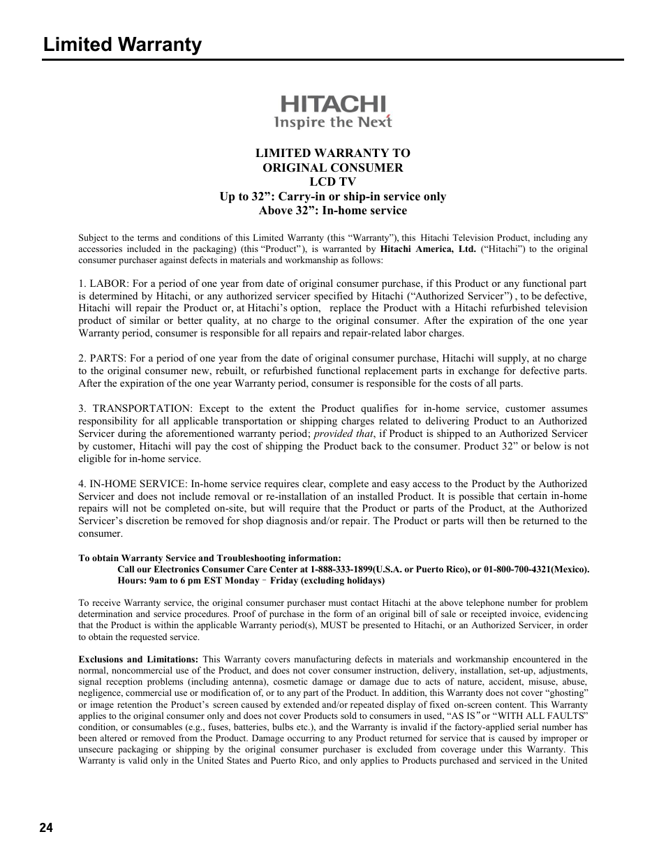 Limited warranty | Hitachi LE40H405 User Manual | Page 24 / 29