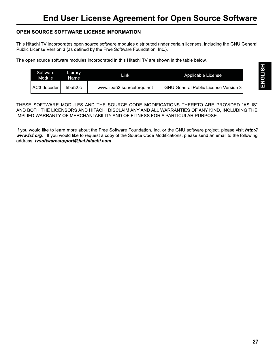 Hitachi LE40H405 User Manual | Page 27 / 29