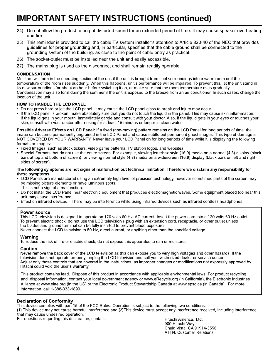 Hitachi LE40H405 User Manual | Page 4 / 29