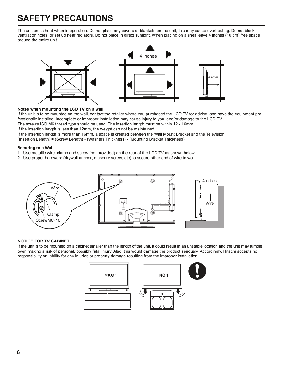 Safety precautions | Hitachi LE40H405 User Manual | Page 6 / 29