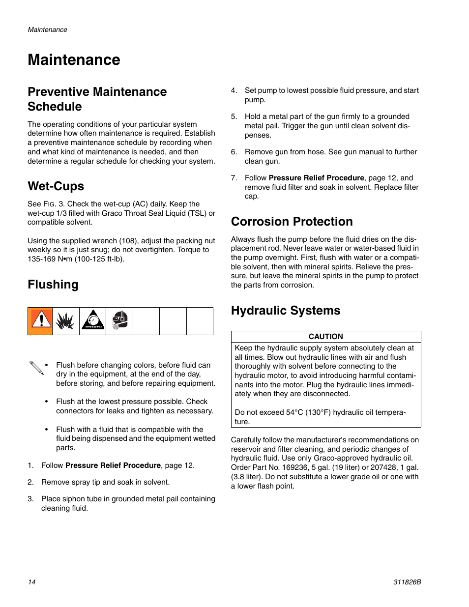 Maintenance, Flushing, Preventive maintenance schedule | Wet-cups, Corrosion protection, Hydraulic systems | Hitachi 1800 User Manual | Page 14 / 28