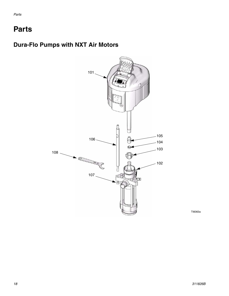 Parts, Dura-flo pumps with nxt air motors | Hitachi 1800 User Manual | Page 18 / 28