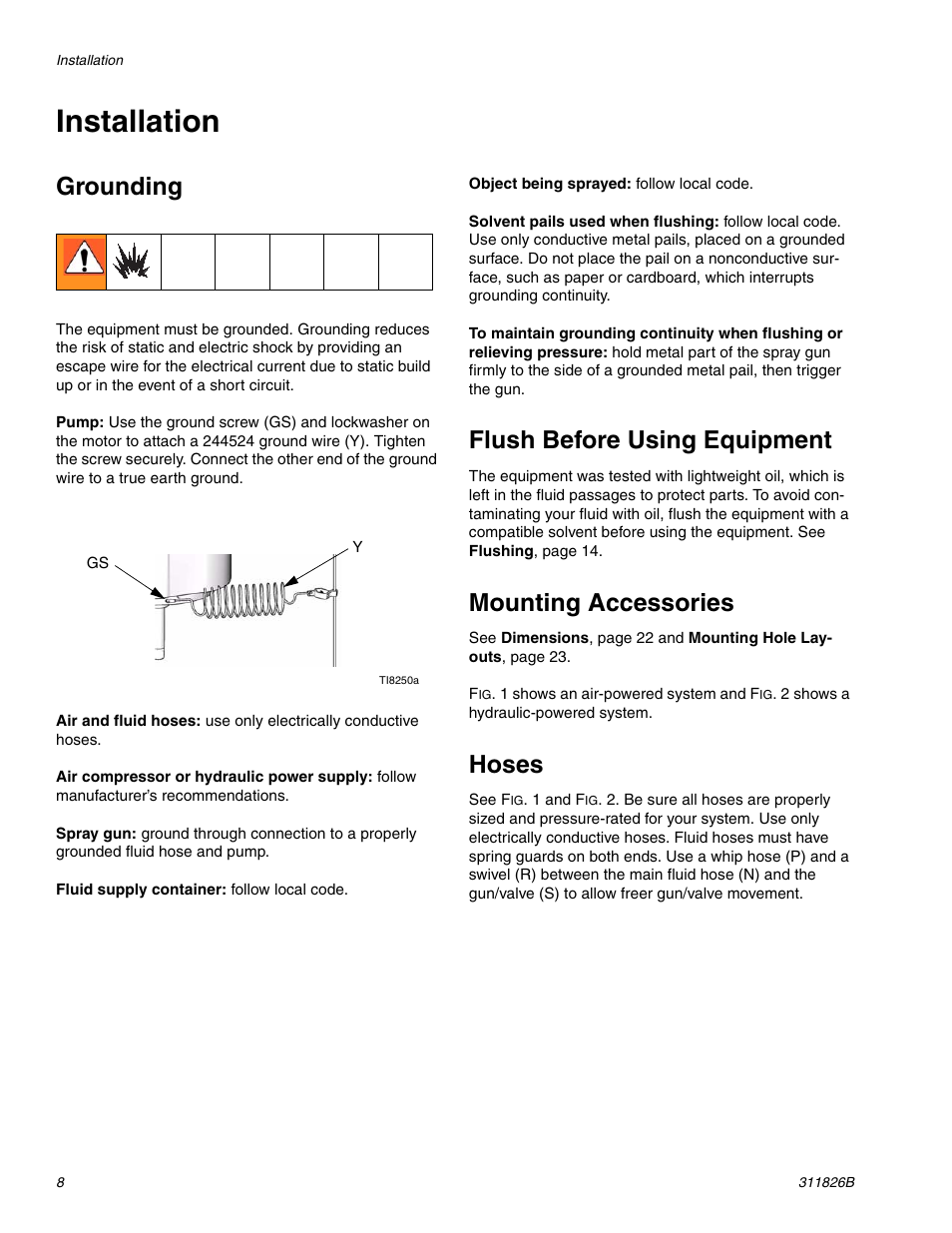 Installation, Grounding, Flush before using equipment | Mounting accessories, Hoses | Hitachi 1800 User Manual | Page 8 / 28