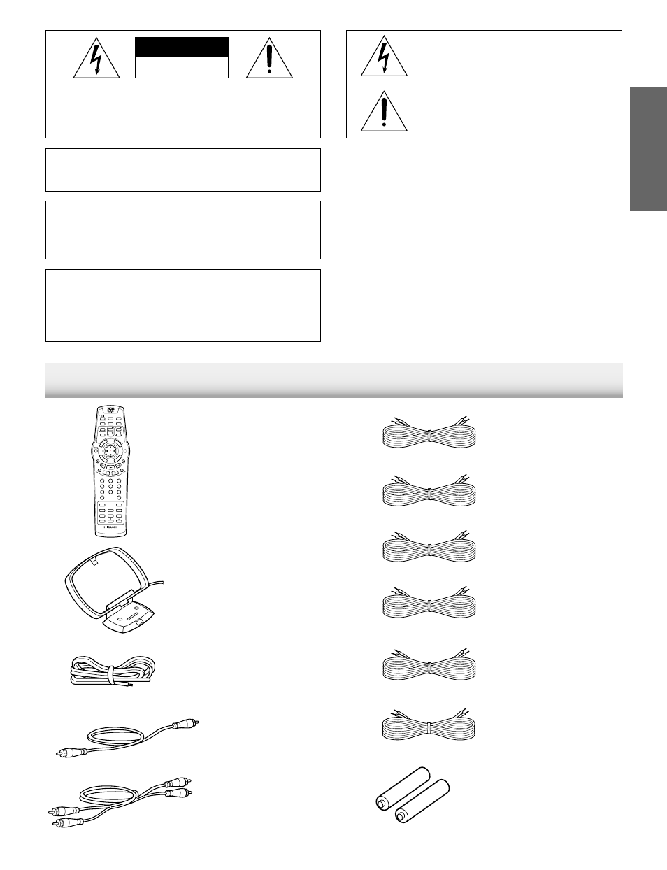 Accessories, English, Attention | Warning, Caution, Dv-rm522, Search mode | Hitachi DV-S522U User Manual | Page 3 / 41