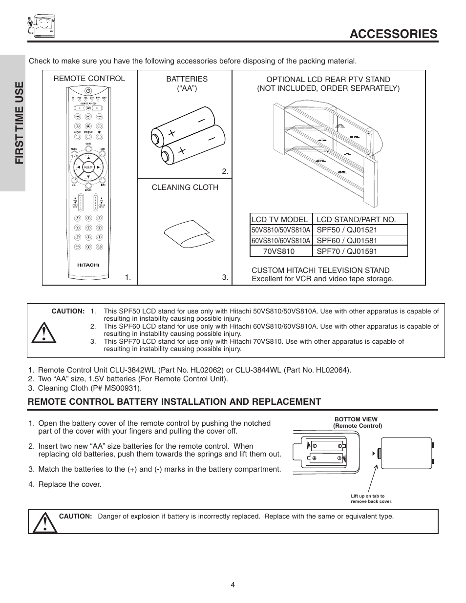 Accessories, First time use | Hitachi 60VS810A User Manual | Page 4 / 84